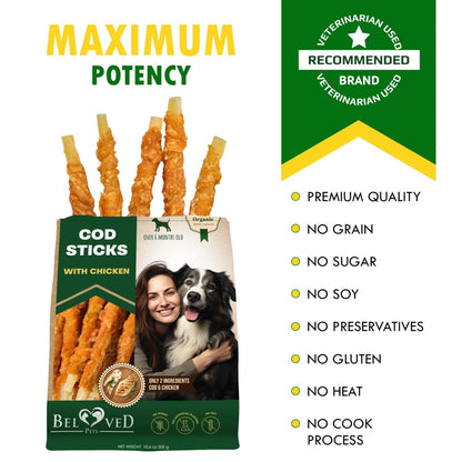 Cod Sticks Dog Treats Chicken Wrapped All Natural Rawhide Free & Grain Free Long Lasting Chews for Large & Small Dogs Organic Dried Pet Snacks Support Healthy Teeth & Skin Coat