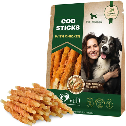 Cod Sticks Dog Treats Chicken Wrapped All Natural Rawhide Free & Grain Free Long Lasting Chews for Large & Small Dogs Organic Dried Pet Snacks Support Healthy Teeth & Skin Coat