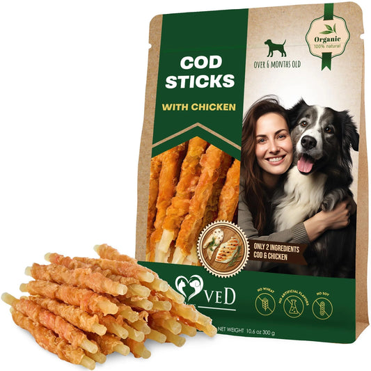 Cod Sticks Dog Treats Chicken Wrapped All Natural Rawhide Free & Grain Free Long Lasting Chews for Large & Small Dogs Organic Dried Pet Snacks Support Healthy Teeth & Skin Coat